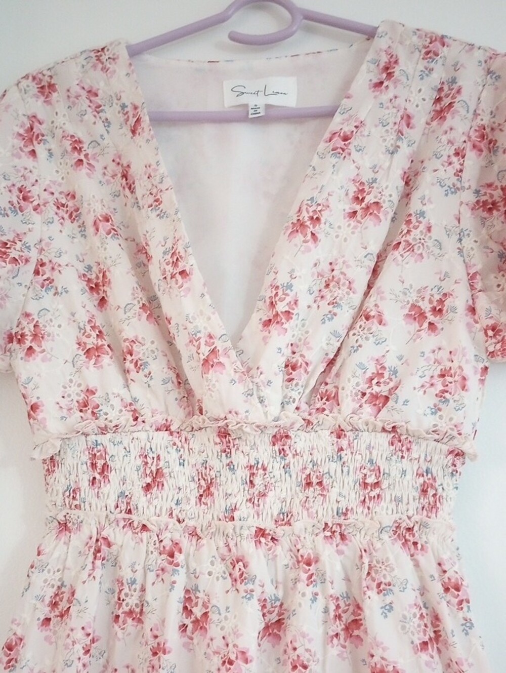 Sweet Lemon Floral Smocked Dress Cottagecore Eyelet Cream Pink Size S - Picture 3 of 11